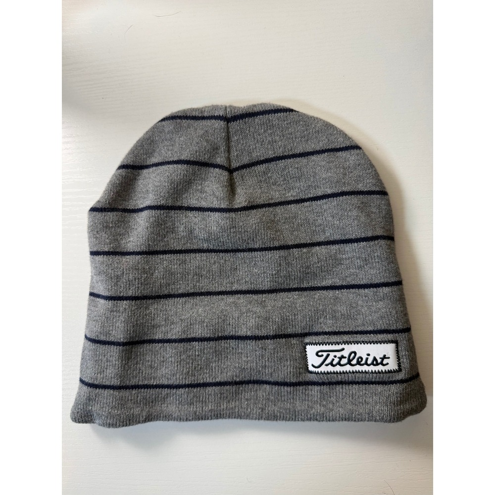 Titleist Mens Golf Beanie Hat Gray Navy Blue Striped Cotton Knit Winter Cap OSFA